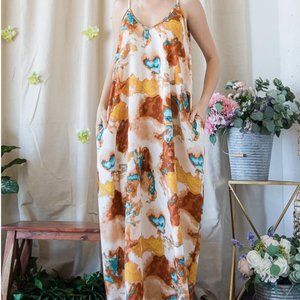 Ladies Slip Maxi Dress - Abstract Watercolor Boho Print w/ Pockets - FINAL Price